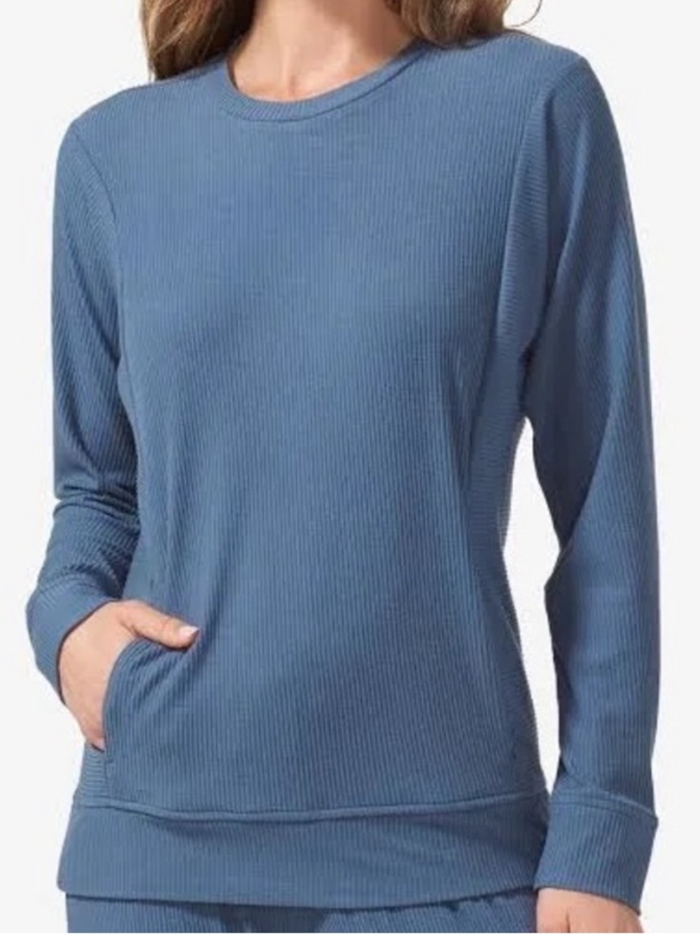 Tommy John Crewneck Ribbed Sweatshirt - Dusty Blue, pockets, size small Medium